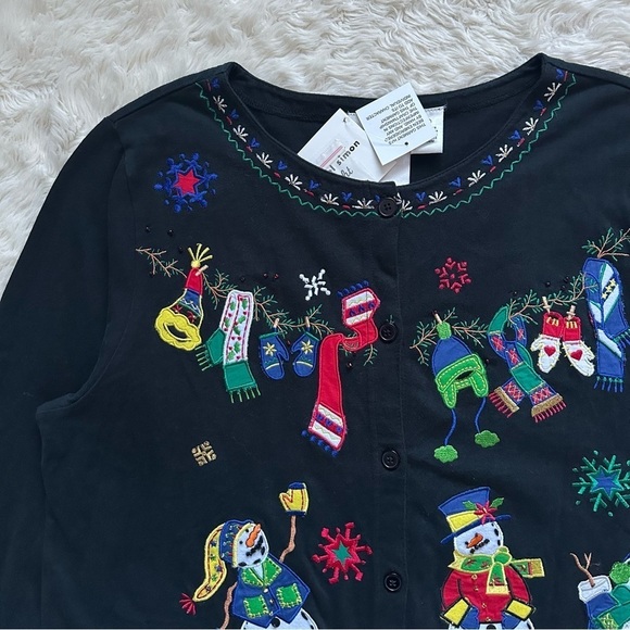 Michael Simon Light Cardigan Ugly Christmas Sweater Snowmen Black XL NWT New - Picture 4 of 12